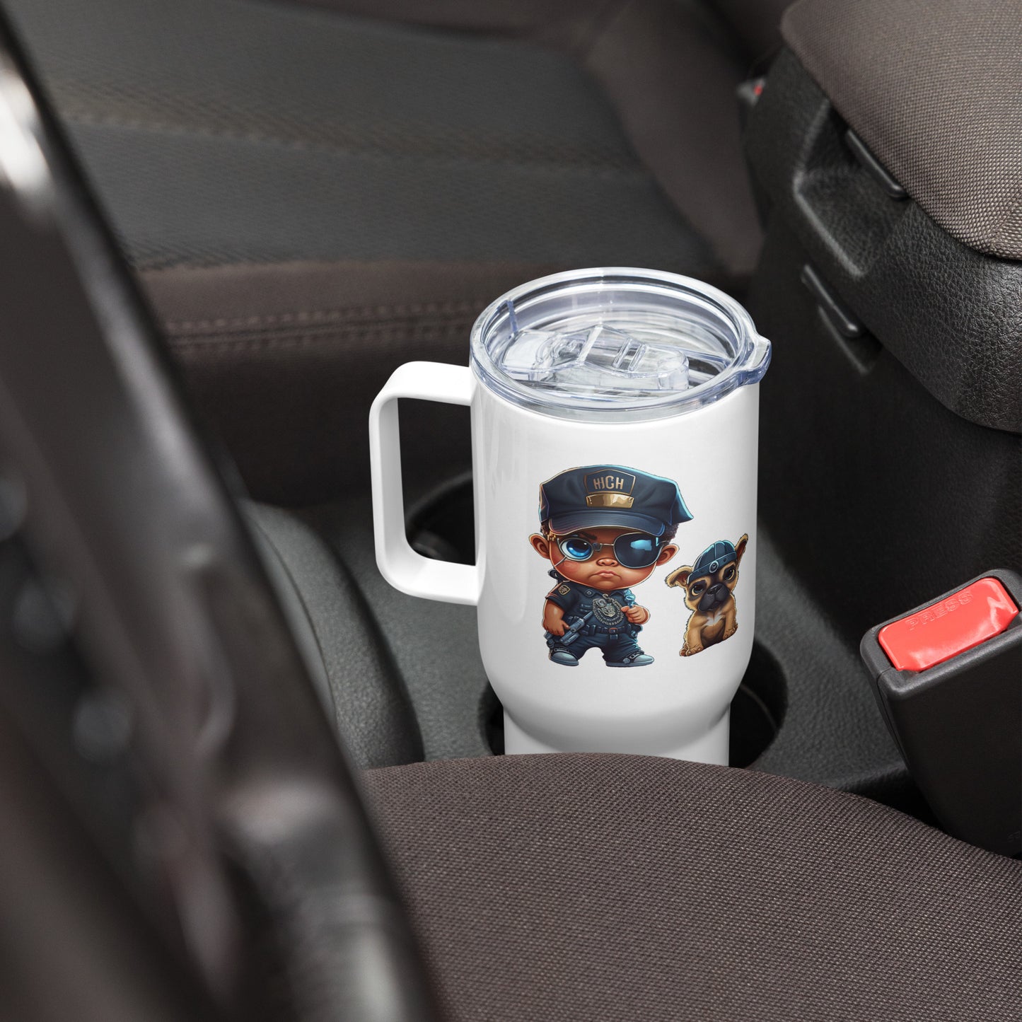 Tiny Enforcer & Paws Travel mug with a handle
